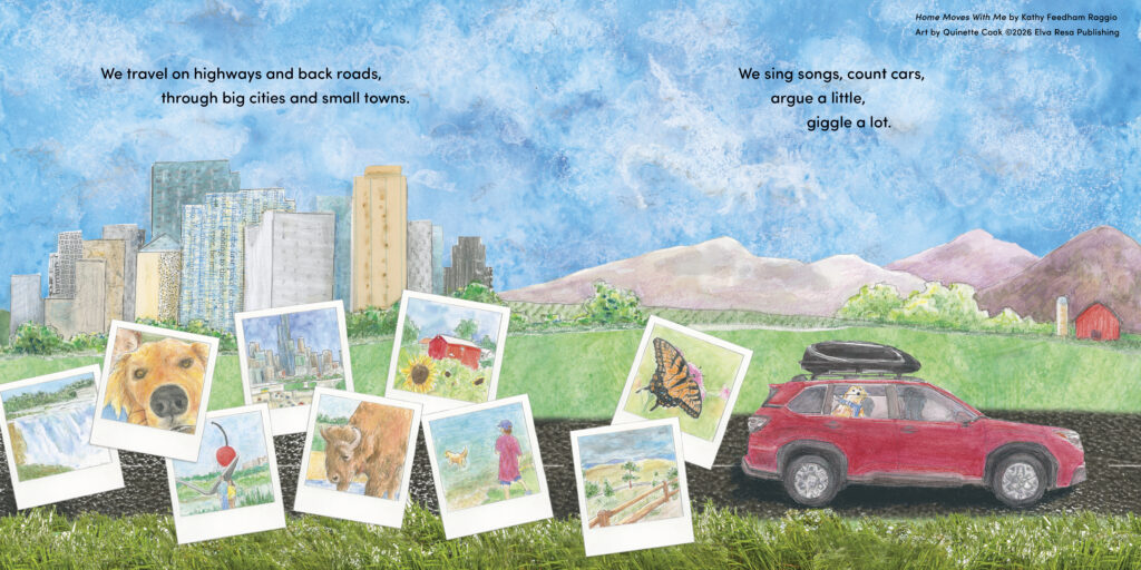 Home Moves With Me interior artwork, p 12-13, road trip scene with collage of instant-style photos representing memories being made and captured along the way